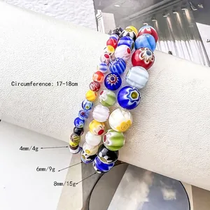 Colorful Millefiori glass bead daisy bracelets in 4mm, 6mm, and 8mm sizes for layering