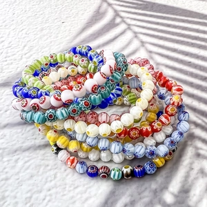 Colorful millefiori glass bead bracelets with daisy floral patterns for women