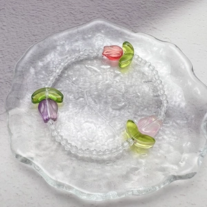 Beaded tulip flower elastic bracelet with colorful glass petals and clear crystal beads