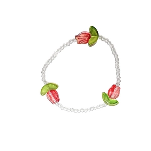 Floral tulip beaded elastic bracelet with clear glass beads and red flower charms