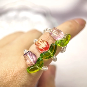 Handmade Beaded Rings Glass Tulip Floral Elastic Crystal Bead Stretchable Sweet Pastoral Style Jewelry For Women