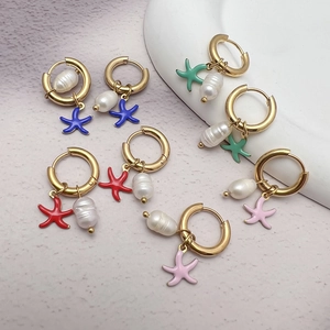 Starfish Artificial Pearl Stainless Steel Hoop Earrings Gold Plated Marine Theme Summer Vacation Jewelry For Women