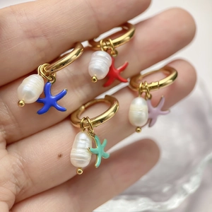 Gold starfish hoop earrings with baroque pearls and colorful enamel charms set