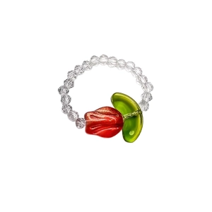 Minimalist elastic ring with crystal glass red tulip flower and green leaves for women
