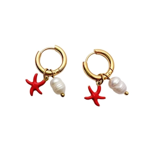 Gold starfish and baroque pearl hoop earrings for women with red enamel ocean charms