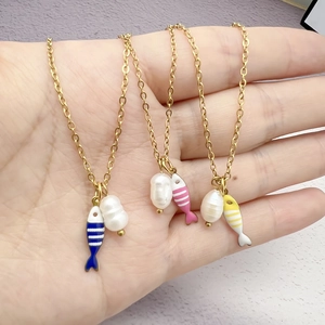 Stainless Steel Ocean Style Fish Pearl Double Pendant Necklace For Women Gold Plated Enamel Fish Clavicle Chain Jewelry