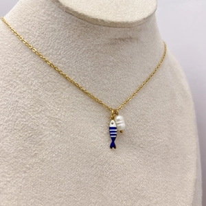 Gold stainless steel necklace with ocean style enamel fish and freshwater pearl pendant
