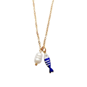 Minimalist gold stainless steel necklace with fish pendant and baroque pearl
