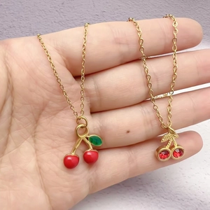Collier Pendentif Cerise Acier Inoxydable Strass Rouge Émail Bijoux Doux Pour Femmes Filles