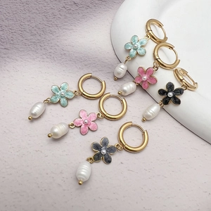 Stainless Steel Flower Artificial Pearl Drop Earrings Gold Plated Cherry Blossom Enamel Artificial Baroque Pearl Dangle Jewelry For Women