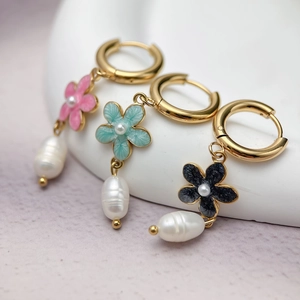 Elegant gold stainless steel cherry blossom pearl drop earrings set in three colors