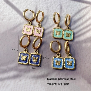 18K gold plated stainless steel butterfly drop earrings in pink, green, and blue enamel