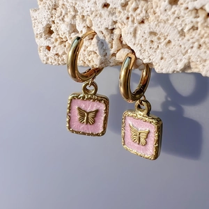 18K gold butterfly drop earrings with pink enamel square charms in French vintage style