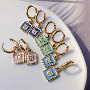 Butterfly Dangle Earrings 18K Gold Plated Stainless Steel Enamel Square Pendant French Vintage Jewelry For Women