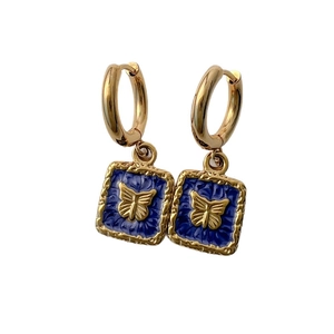 18K gold butterfly earrings with blue enamel square pendant on white background