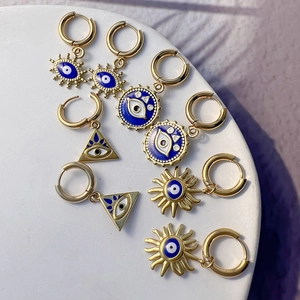 Boucles D'oreilles Pendantes Mauvais Œil Acier Inoxydable Plaqué Or 18K Émail Nazar Œil Géométrique Soleil Triangle Rond Bijoux