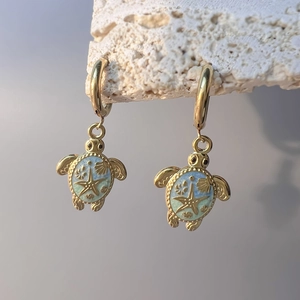 Sea Turtle Hoop Earrings 18K Gold Plated Stainless Steel Enamel Starfish Shell Ocean Style Summer Beach Jewelry For Women