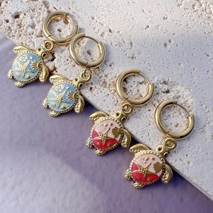 18K gold plated sea turtle drop earrings with blue and pink enamel starfish detail