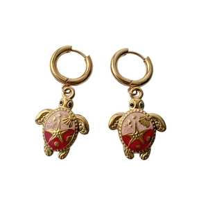 18K gold plated turtle hoop earrings with colorful enamel sea shell and starfish details