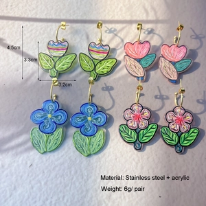Floral C-shape acrylic earrings with stainless steel hooks in colorful petal designs