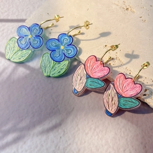 Floral C-shape stainless steel earrings with colorful hand-painted petals on stone