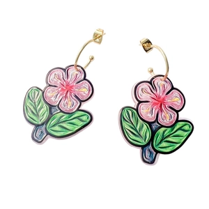 Floral C-shaped stainless steel earrings with hand-painted pink flowers and green leaves