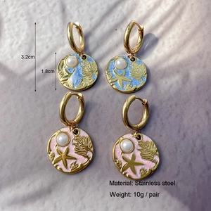 Marine style 18K gold plated stainless steel enamel hoop earrings with starfish and pearls