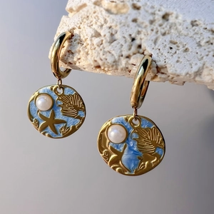 18K gold plated ocean style hoop earrings with blue enamel starfish and pearl charms