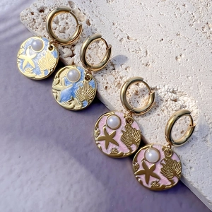 Marine 18K gold earrings with ocean starfish and pearl charms in blue and pink enamel