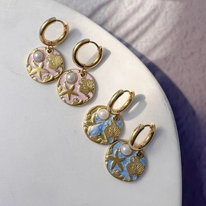 Stainless Steel Earrings With 18K Gold Plated Round Ocean Enamel Pendant Starfish Shell Artificial Pearl Jewelry For Women
