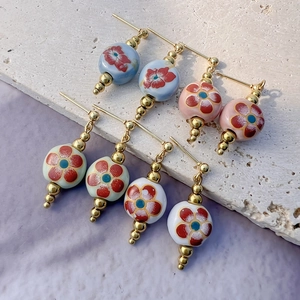 New Chinese style round ceramic plum blossom earrings with gold stainless steel studs
