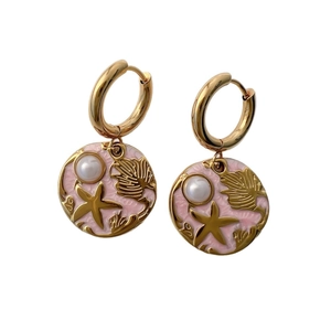 Marine style 18K gold plated stainless steel earrings with pink enamel and starfish charm