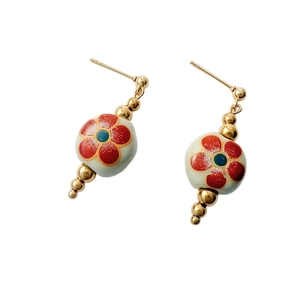 Traditional Chinese style ceramic plum blossom earrings with gold-plated stainless steel studs