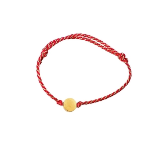 Minimalist red and gold woven rope heart butterfly bracelet with polished gold disc pendant