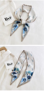 Detail of blue forest print narrow silk scarf showing knotted and flat layout styles