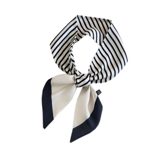 Elegant black and white striped long narrow silk scarf for hair or bag decoration