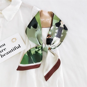 Foulard Mince En Satin Pour Femmes Ruban Long Étroit Illustration Cartoon Imprimé Abstrait Bandeau Sac Accessoire Style Français