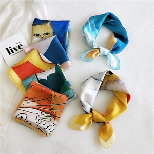 Women Square Satin Satin Like Scarf Artistic Oil Painting Print Hair Band Neck Wrap Bag Accessory