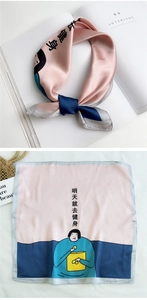 Detail of silk-feel square scarf with cartoon illustration and blue-pink contrast colors