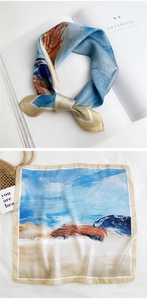 Detail of square silk scarf with blue abstract oil painting print and modern artistic pattern