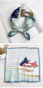 Detailed pattern of winter landscape on mint green satin square neck scarf