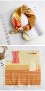 Detailed view of warm orange silk square scarf with architectural patterns and styled shots