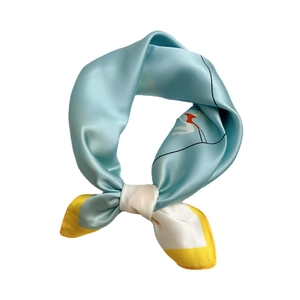 Elegant sky blue satin square silk scarf with yellow borders and abstract line art design