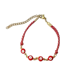 Bracciale malocchio in oro 18K con cordino rosso intrecciato e catena regolabile