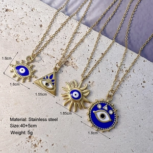 Vintage stainless steel evil eye pendant necklace set with geometric golden charms