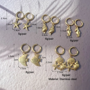18K gold plated stainless steel sea-themed earrings featuring starfish and shell designs