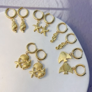 Ocean Theme Stainless Steel Hoop Drop Earrings Starfish Seahorse Shell 18K Gold Plated Summer Beach Vacation For Women