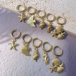 5-pair set of 18K gold stainless steel ocean themed earrings with starfish and seashell charms