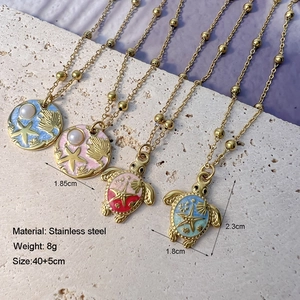 Marine series 18K gold stainless steel necklaces with turtle and starfish enamel charms