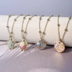 Sea Turtle Starfish Pendant Necklace Stainless Steel 18K Gold Plated Enamel Faux Artificial Pearl Summer Ocean Jewelry For Women